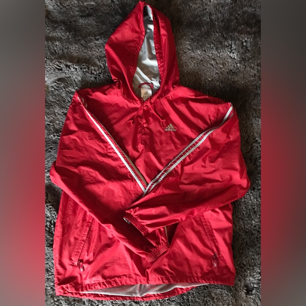Vintage Adidas Red and Silver hooded windbreaker!